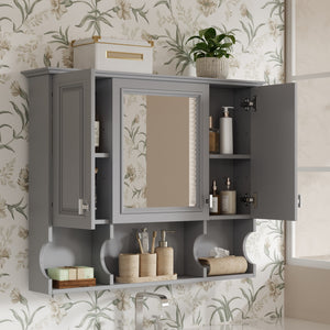 English Elm 35'' Modern Wall-Mounted Medicine Cabinet with Mirror, Hidden Storage and Open Shelves for Bath Gray N710P209443E