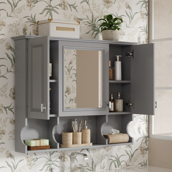 English Elm 35'' Modern Wall-Mounted Medicine Cabinet with Mirror, Hidden Storage and Open Shelves for Bath Gray N710P209443E