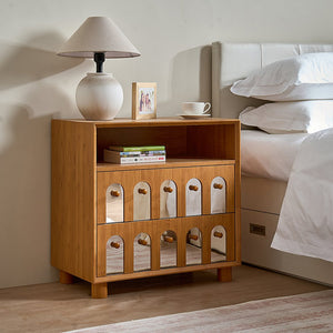 English Elm TWO Drawers Nightstand with Mirrors, Built-In USB & AC Charging Station, Natural MDF, Sturdy Design W3417P388713