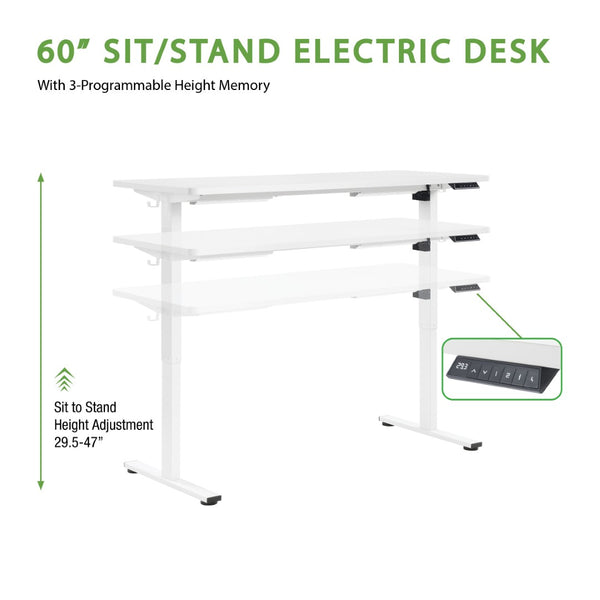 OSP Home Furnishings Primo Electric Sit Stand Desk with Laminate Top and Heavy Duty Steel Frame for Home Office 59"W PMO6024-WH