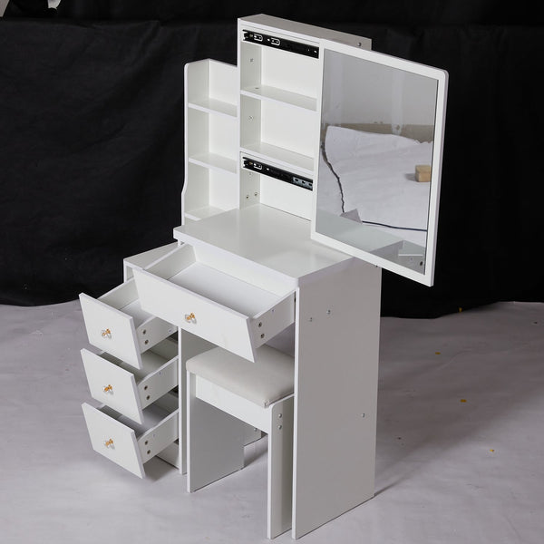English Elm 29.2" Elegant Space-Saving Vanity Set With Cushioned Stool, Sliding Mirror & High-Capacity Storage W936P226029