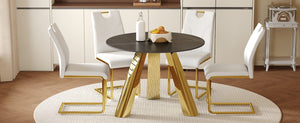 English Elm Table 5-Piece Dining Set: 42-Inch Round Sintered Stone Top With Gold Stainless Steel Legs & Chairs W2920S00041-GIGA
