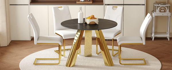 English Elm Table 5-Piece Dining Set: 42-Inch Round Sintered Stone Top With Gold Stainless Steel Legs & Chairs W2920S00041-GIGA