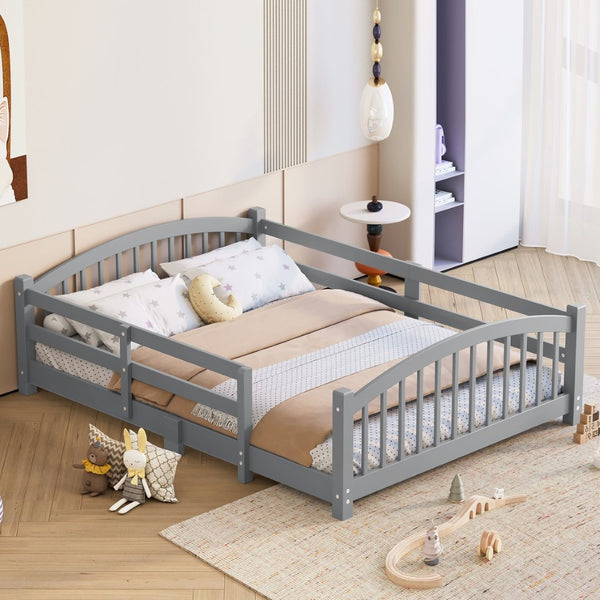 English Elm Full Montessori Pine Wood Floor Bed with Safety Rails Low Profile Kids Room Frame Gray N733P400299E