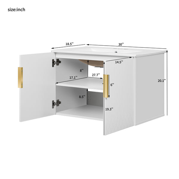 English Elm 30" Vintage Bathroom Vanity with Ceramic Sink — Wall-Mount MDF & Solid Wood Cabinet, Storage, Sleek Finish White N710P214100K