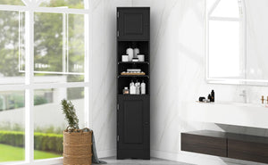 English Elm Multi-Functional Corner Cabinet Tall Trapezoid Bathroom Storage with Adjustable Shelves, Doors, Anti-Dump Device Black WF530911AAB