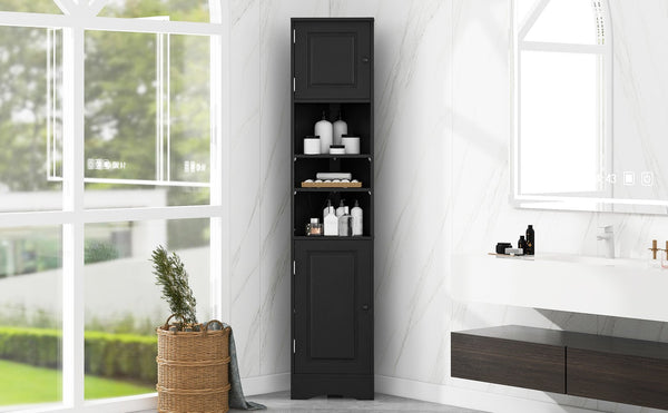 English Elm Multi-Functional Corner Cabinet Tall Trapezoid Bathroom Storage with Adjustable Shelves, Doors, Anti-Dump Device Black WF530911AAB
