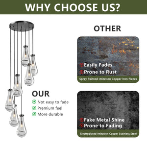 English Elm 7 Modern 7-Light Raindrop Chandelier with Adjustable Hanging Rope, Brushed Glass Shades for Dining Black W1340P316386