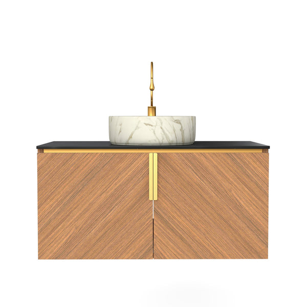 English Elm Arai 36" Wall-Mounted Bathroom Vanity With Black Stone Countertop, Ceramic Basin & Elegant Storage W2615S00354