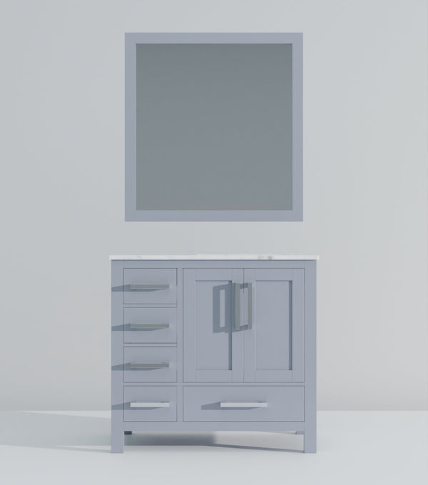 English Elm Dark Grey Bath Vanity Set With Carrara Marble Top, Soft-Close Drawers, And Coordinating Mirror B2731S00684