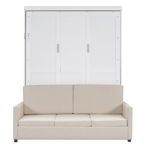 English Elm Queen Murphy Bed with Linen Cushion Sofa Folds Flat for Studio or Guest Room White LP000891AAK-1