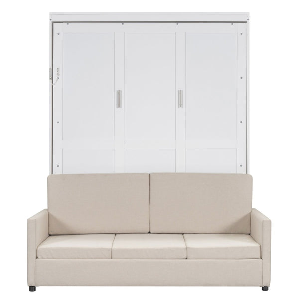 English Elm Queen Murphy Bed with Linen Cushion Sofa Folds Flat for Studio or Guest Room White LP000891AAK-1