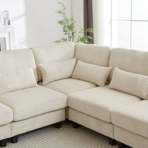 English Elm 102.75*102.75" L-Shaped Modular Sectional Sofa with Corduroy Upholstery, Storage Arm, Cup Holder, 5-Seat Convertible Lounge Beige W1926S00053