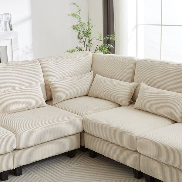 English Elm 102.75*102.75" L-Shaped Modular Sectional Sofa with Corduroy Upholstery, Storage Arm, Cup Holder, 5-Seat Convertible Lounge Beige W1926S00053