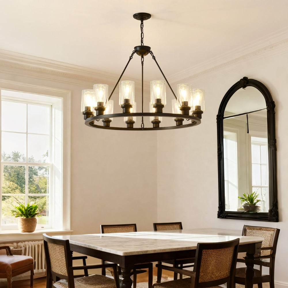 English Elm 34.25'' Farmhouse Wagon Wheel Chandelier 9 Light Seeded Glass Dining Room Fixture W5008P468521