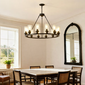 English Elm 34.25'' Farmhouse Wagon Wheel Chandelier 9 Light Seeded Glass Dining Room Fixture W5008P468521