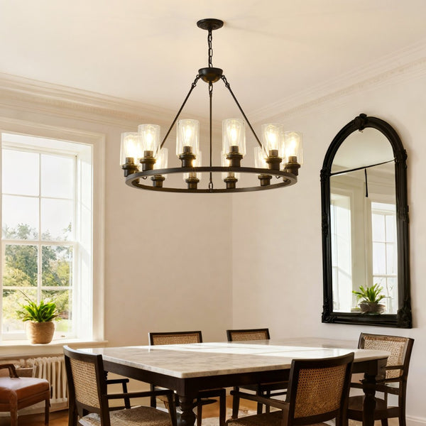 English Elm 9-light Matte Black Wagon Wheel Chandelier Seeded Glass Farmhouse Dining Room W5008P392768