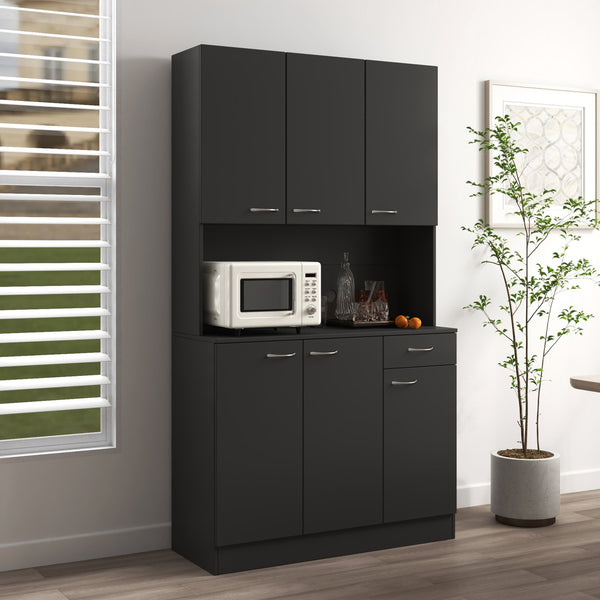 English Elm 70.87" Wardrobe Kitchen Cabinet with 6 Doors, 1 Drawer & Open Shelf — Durable Melamine MDF Storage Solution Black W331S00059