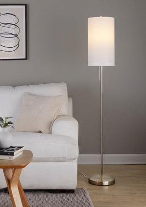 English Elm Bounty Brushed Nickel Contemporary Floor Lamp with Linen Drum Shade for Living Rooms B202P223983