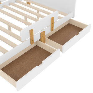 English Elm Twin Low Profile Kids Floor Bed Pine Wood Frame with Safety Rail and Built in Bookshelf Light White W1580P373244