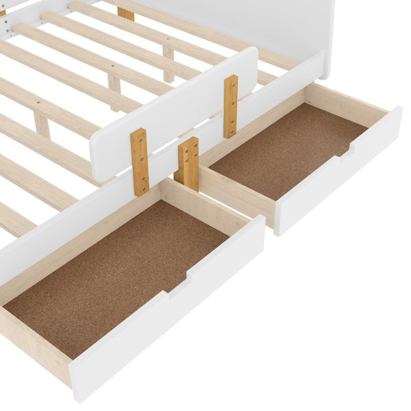 English Elm Twin Low Profile Kids Floor Bed Pine Wood Frame with Safety Rail and Built in Bookshelf Light White W1580P373244