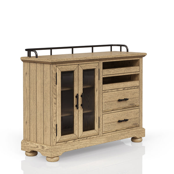 English Elm Server Caramel Finish Elm Veneer Sideboard with Glass Doors, Open Cubbies & Black Metal Pulls - Rustic Durable Storage B2699P355851