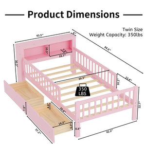 English Elm Twin Size Bed With Pink Finish, Headboard Storage, Under-Bed Drawers & Guardrails For Kids' Safety N733P272374H-GIGA