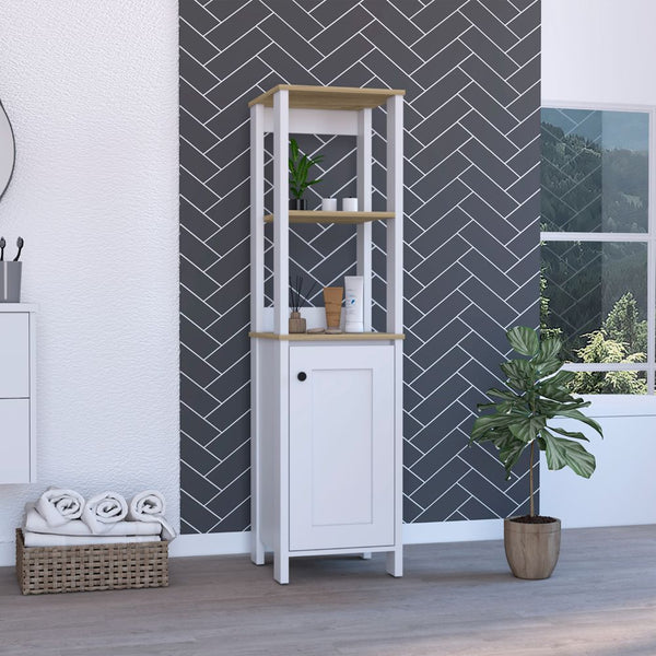 English Elm Arctic Linen storage cabinet 4-shelf single-door tall bathroom organizer in sleek light gray finish Multicolor 33 L x 22 W x 7 H B128P148858