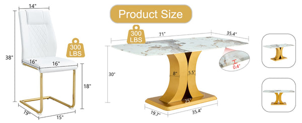 English Elm Table And Chair Set - Luxurious 71" Pandora Glass Top With Gold C-Shaped Legs & 8 White Pu Chairs W1151S03228-GIGA