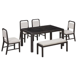 English Elm Trexm Rustic Oak Extendable Dining Set with Upholstered Chairs Bench Seats 6 Espresso ST000154AAP
