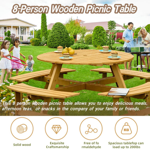English Elm Outdoor 8 Person Round Picnic Table With 4 Benches, Umbrella Hole, Waterproof, Low Maintenance Set W2275P149764-GIGA