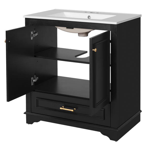 English Elm 30" Elegant Bathroom Vanity with Ceramic Sink, French-Inspired Compact Cabinet with Drawer & Shelf Black N710P317676B