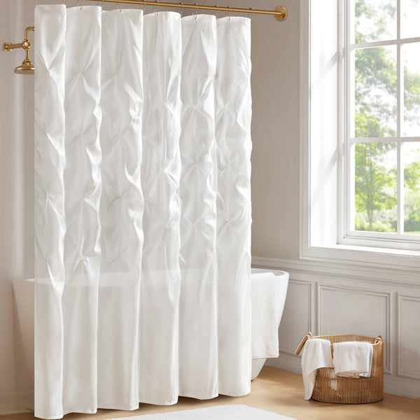 JLA Home Madison Park - Tufted Laurel Semi-Sheer Shower Curtain with Textured Tufting, Lightweight Polyester, Machine Washable White MP70-896