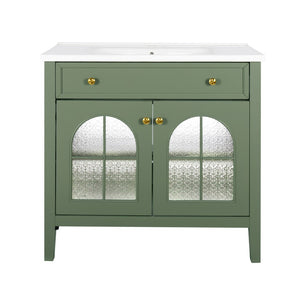 English Elm 35.6" Freestanding Bathroom Vanity with Roman Column Base and Ceramic Integrated Sink Green W1801S00014