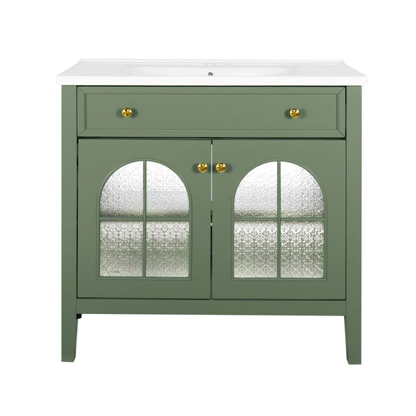 English Elm 35.6" Freestanding Bathroom Vanity with Roman Column Base and Ceramic Integrated Sink Green W1801S00014