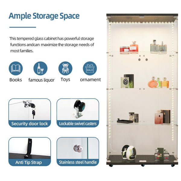English Elm Tempered Glass Display Cabinet With Bluetooth Led Light Strip, Lockable, Mobile & Stylish For Any Room W3155S00005-GIGA