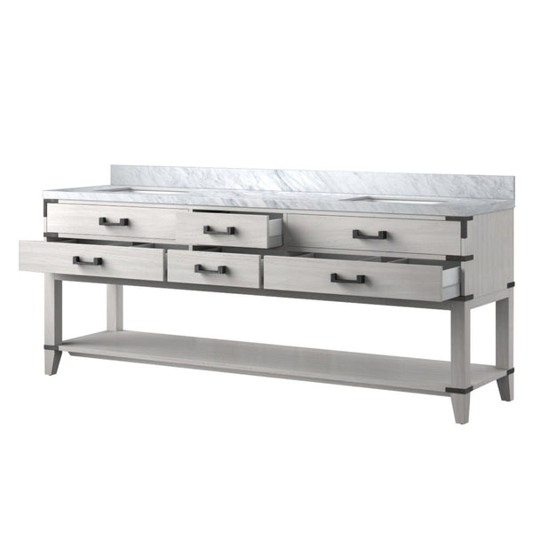 English Elm White Oak Double Bath Vanity 84" W With Carrara Marble Top, Soft-Close Drawers & Elegant Design B2731P260394-GIGA