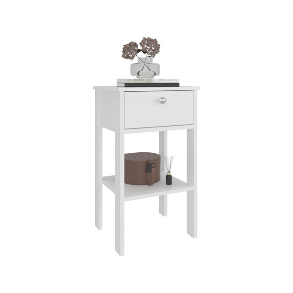 English Elm Nightstand, Compact 1-Drawer + Open Shelf, Elevated 4-Leg Engineered Wood, White, Ready-to-Assemble B097P369424