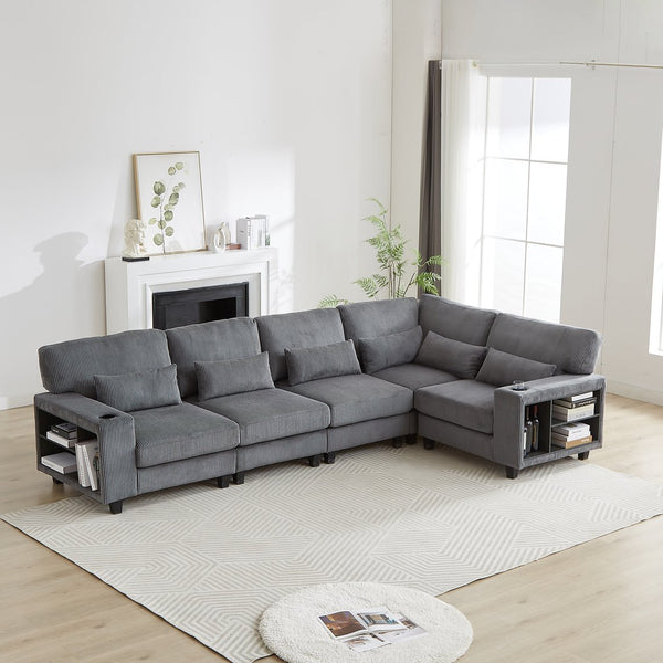English Elm 102.75*102.75" L-Shaped Modular Sectional Sofa with Corduroy Upholstery, Storage Arm, Cup Holder, 5-Seat Convertible Lounge Grey W1926S00055