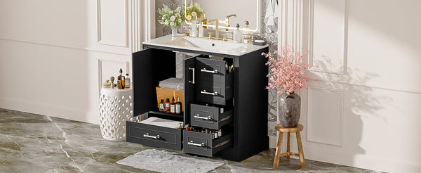 English Elm 36" Traditional Bathroom Vanity with Ceramic Sink, Solid Wood Cabinet, Soft-Close Doors & Drawers Black N729P251630B