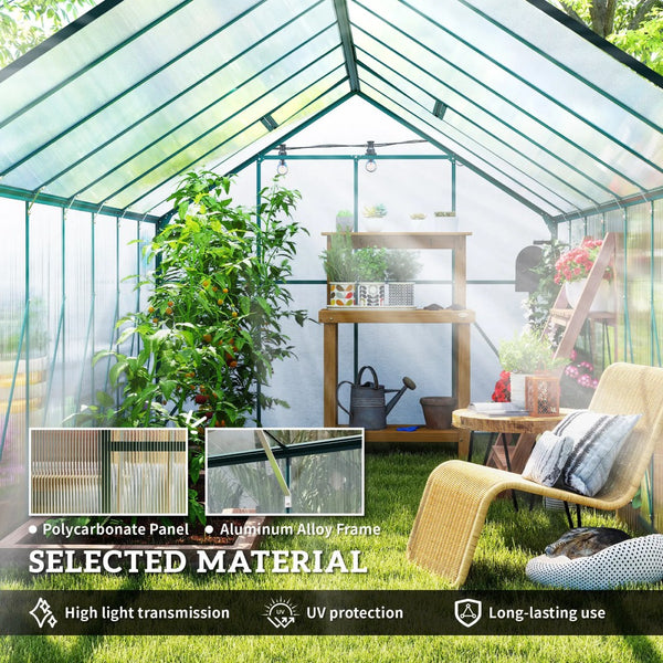 English Elm Outdoor Walk-in Aluminum Polycarbonate Greenhouse Kit with Roof Vent and Rain Gutter T3971S00236
