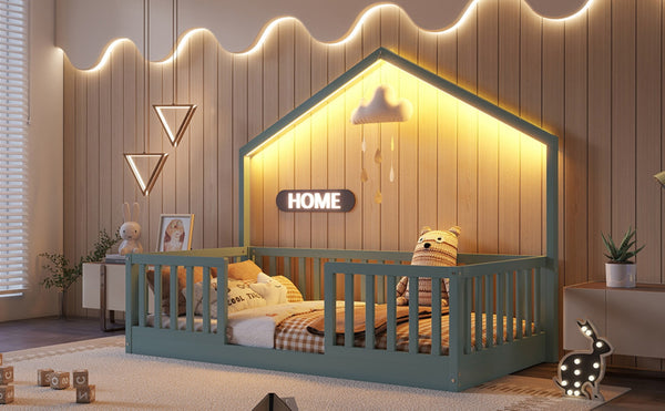 English Elm Twin Montessori Floor Bed House Frame with Led Lighting and Safety Rails for Kids Grey W2593P440597