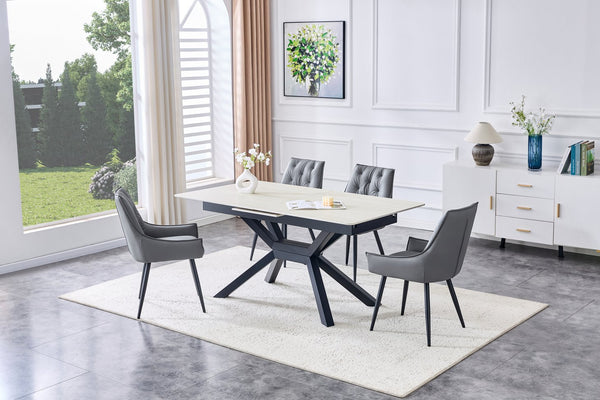 English Elm Modern Extendable Sintered Stone Dining Table with Auto-Lift, Scratchproof Waterproof Top & Black Metal Base W3493S00005