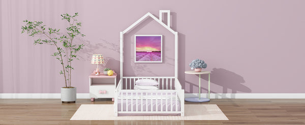 English Elm Twin House Metal Platform Bed with Guardrail & Chimney, White — Kids Playful Frame, Safe Sleep Design N709P203151K