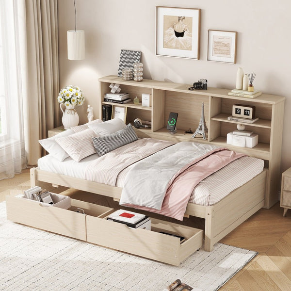 English Elm Twin Storage Bed with Bookcase Headboard Built-in Usb Charging and Two Drawers Natural W697S00038