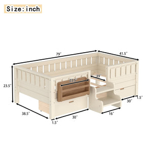English Elm Twin Kids Storage Bed with Bookshelf Headboard Safety Staircase and Under Drawers Beige W1580P379183