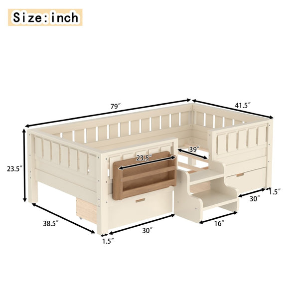 English Elm Twin Kids Storage Bed with Bookshelf Headboard Safety Staircase and Under Drawers Beige W1580P379183