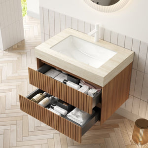 English Elm Tilley 30" Floating Bathroom Vanity With Travertine Top, Ceramic Basin & Soft-Close Drawers, Brown Oak W2615S00228-GIGA