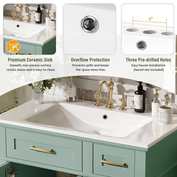 English Elm 30" Freestanding Bathroom Vanity Ceramic Sink Soft Close Cabinet Gray Wood Frame Light Green N729P427118F