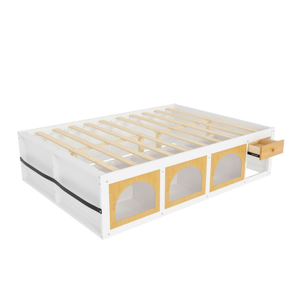 English Elm Queen Storage Platform Bed with Led Lighting Bookshelf Display Cabinet and Pull-out Drawer White+Natural N820S00078K